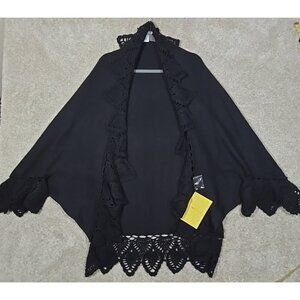 Modern Soul QVC Wool Blend Cardigan Bat Wings Crochet Edging Open Front Plus OS